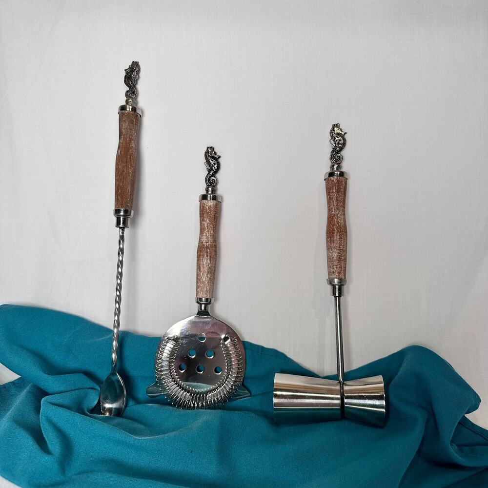 Vintage MCM Bar Set Seahorse Wood Stainless Steel Jigger Spoon Stainer Coastal